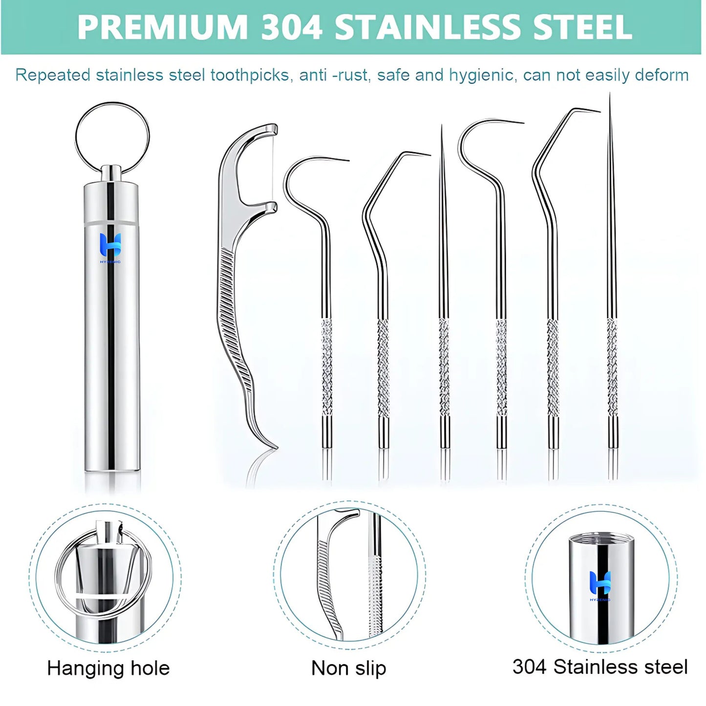 HYZENIC™ 7-in-1 Stainless Steel Dental Hygiene Tool Kit | Teeth Cleaning Picks, Flosser & Toothpicks | Reusable Oral Care Set for Braces & Daily Hygiene