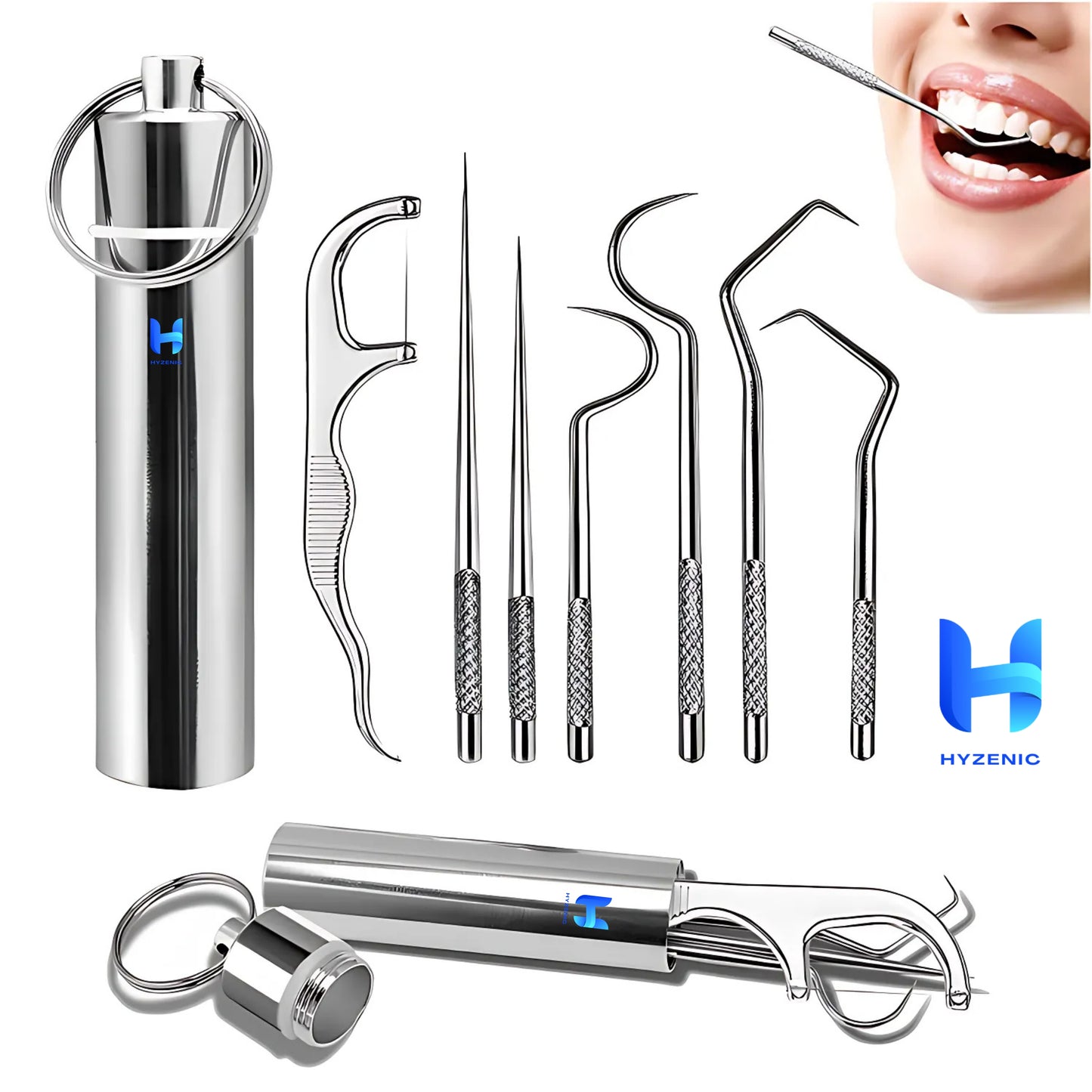 HYZENIC™ 7-in-1 Stainless Steel Dental Hygiene Tool Kit | Teeth Cleaning Picks, Flosser & Toothpicks | Reusable Oral Care Set for Braces & Daily Hygiene