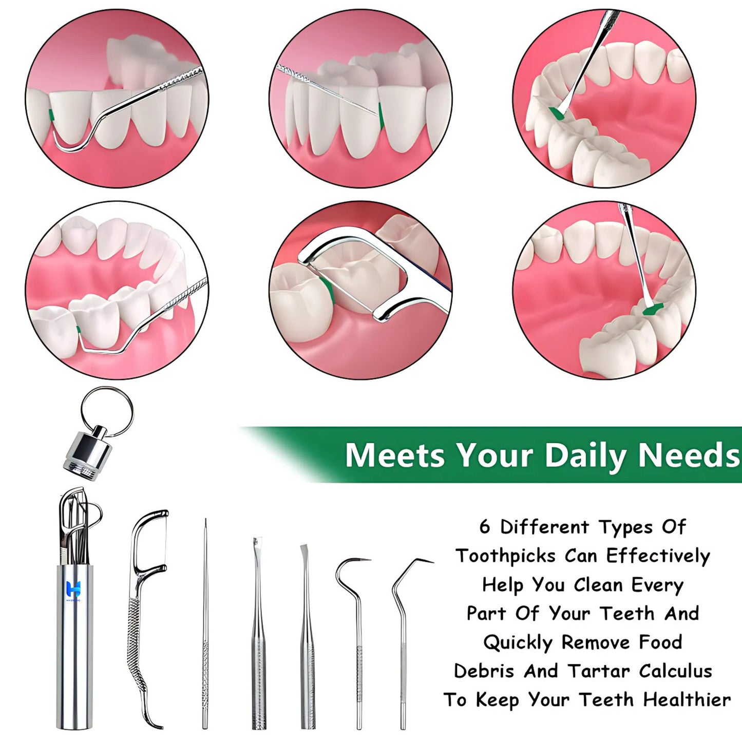 HYZENIC™ 7-in-1 Stainless Steel Dental Hygiene Tool Kit | Teeth Cleaning Picks, Flosser & Toothpicks | Reusable Oral Care Set for Braces & Daily Hygiene