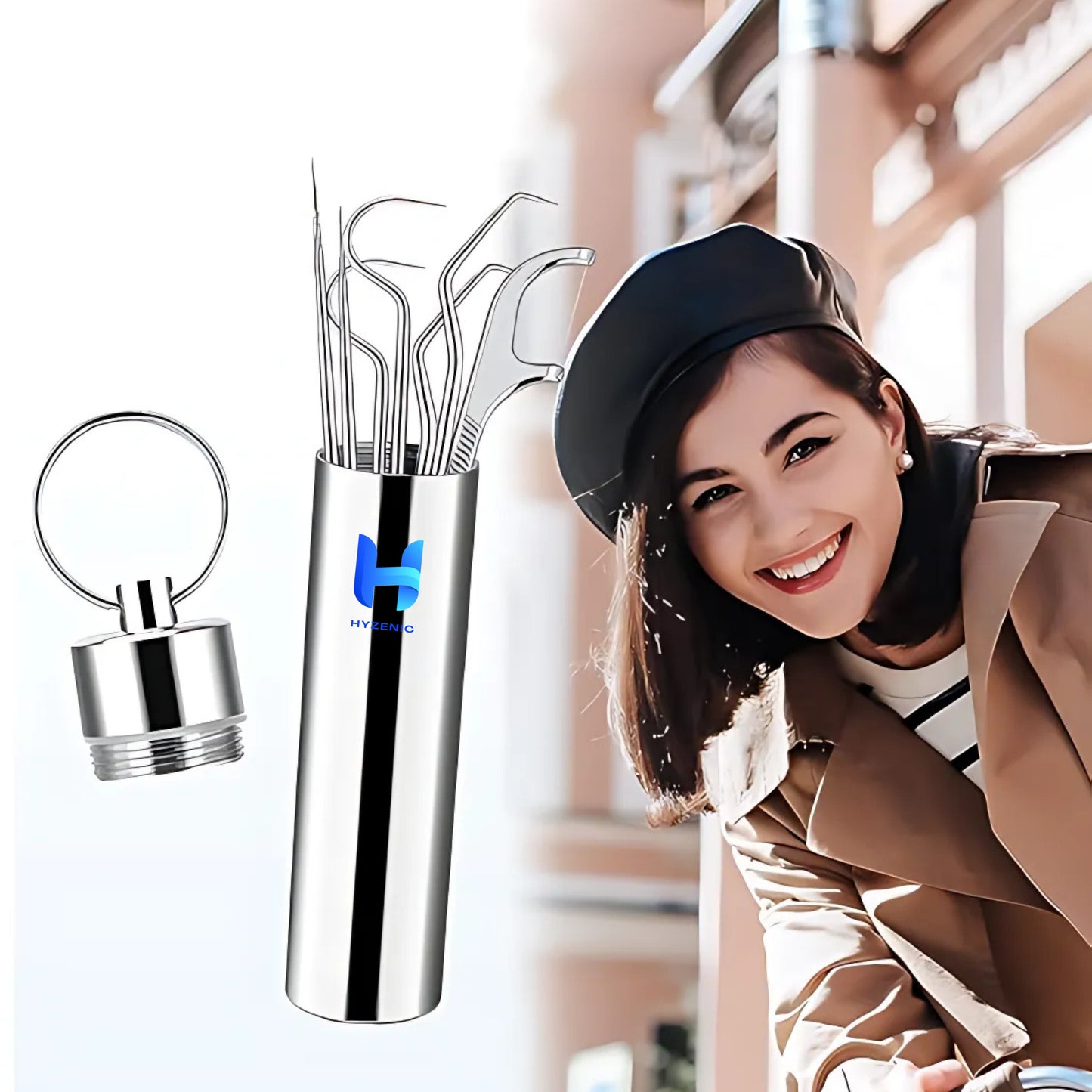 HYZENIC™ 7-in-1 Stainless Steel Dental Hygiene Tool Kit | Teeth Cleaning Picks, Flosser & Toothpicks | Reusable Oral Care Set for Braces & Daily Hygiene