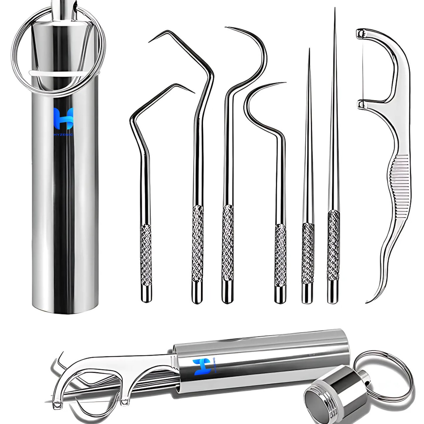 HYZENIC™ 7-in-1 Stainless Steel Dental Hygiene Tool Kit | Teeth Cleaning Picks, Flosser & Toothpicks | Reusable Oral Care Set for Braces & Daily Hygiene