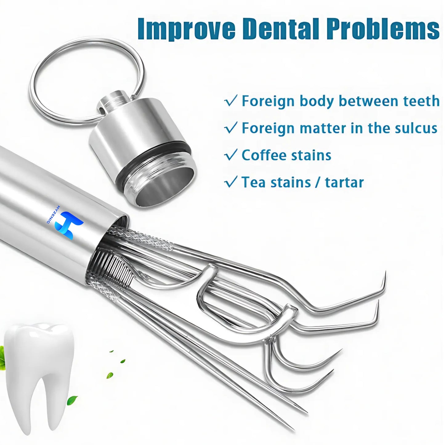 HYZENIC™ 7-in-1 Stainless Steel Dental Hygiene Tool Kit | Teeth Cleaning Picks, Flosser & Toothpicks | Reusable Oral Care Set for Braces & Daily Hygiene