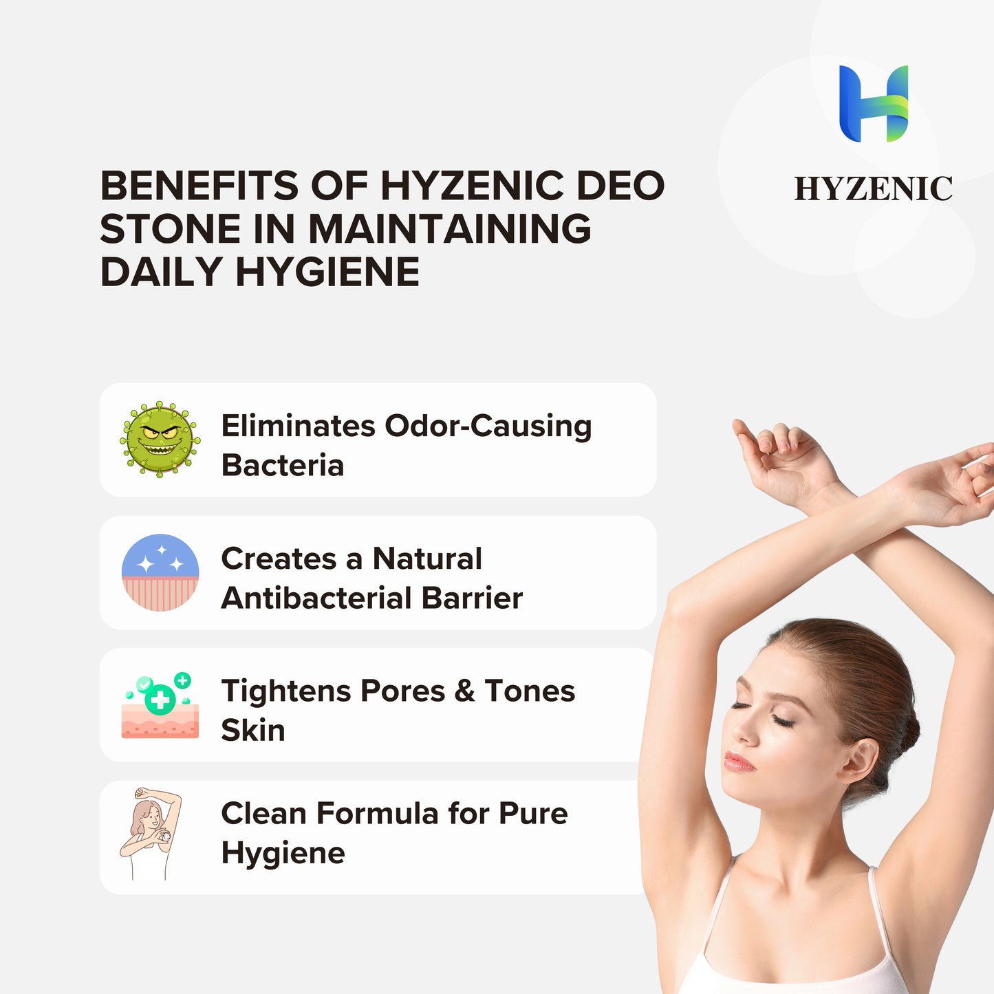 Hyzenic™ Deostone - 100% Natural Crystal Mineral Alum Stick Deodorant – Unscented, Vegan & Paraben-Free – Long-Lasting Odor Protection for Men, Women & Teens (60g)