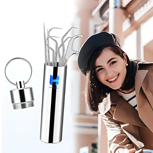 HYZENIC™ 7-in-1 Stainless Steel Dental Hygiene Tool Kit | Teeth Cleaning Picks, Flosser & Toothpicks | Reusable Oral Care Set for Braces & Daily Hygiene